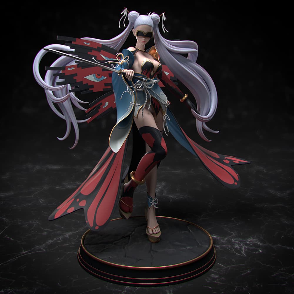 Detailed female anime character sculpt with flowing hair for figurine printing