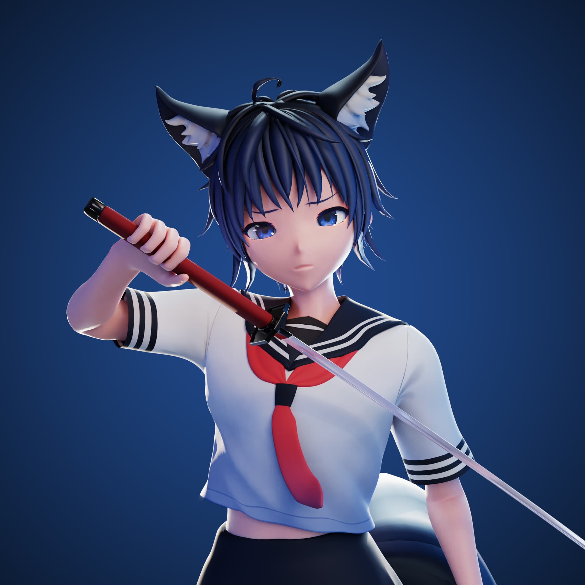 Cat-eared schoolgirl game character in a sailor uniform, rendered in engine