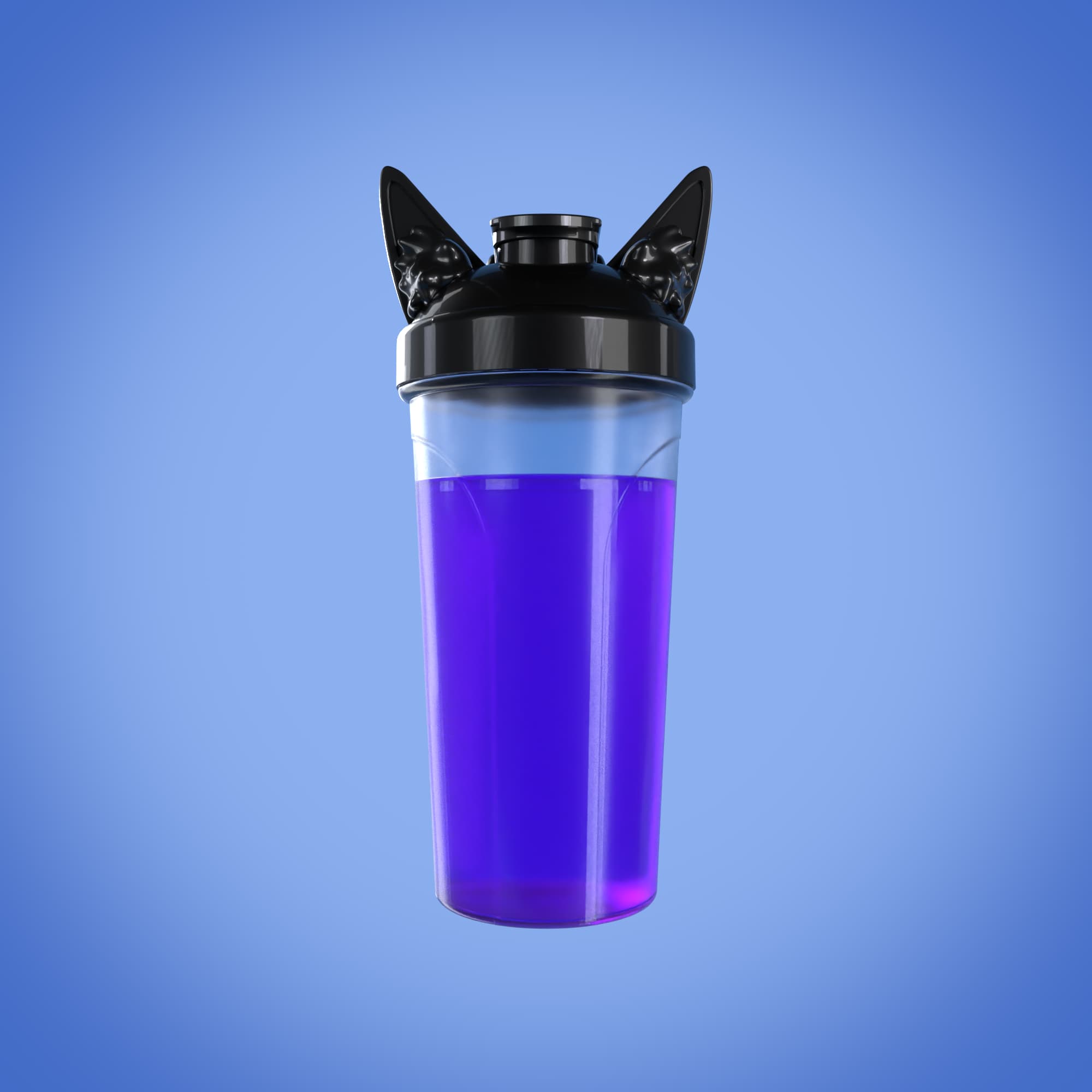 Cat-ear shaker water bottle product design rendered in purple